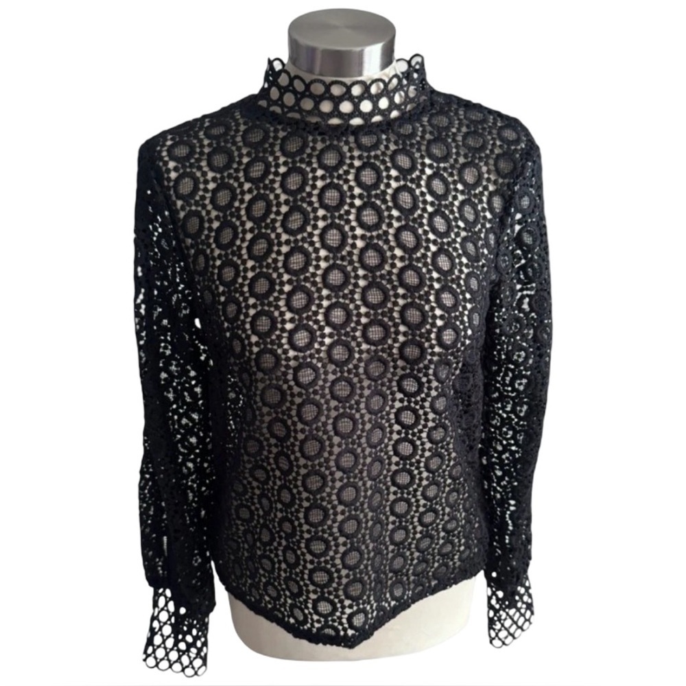 H&M Black Lace High Neck Top Size 14 Elegant Keyhole Back 🖤